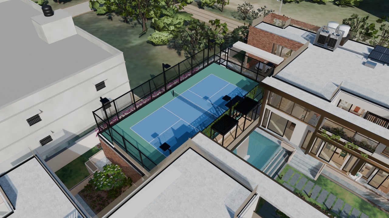 Aerial view of the court, deck, pool and garden
