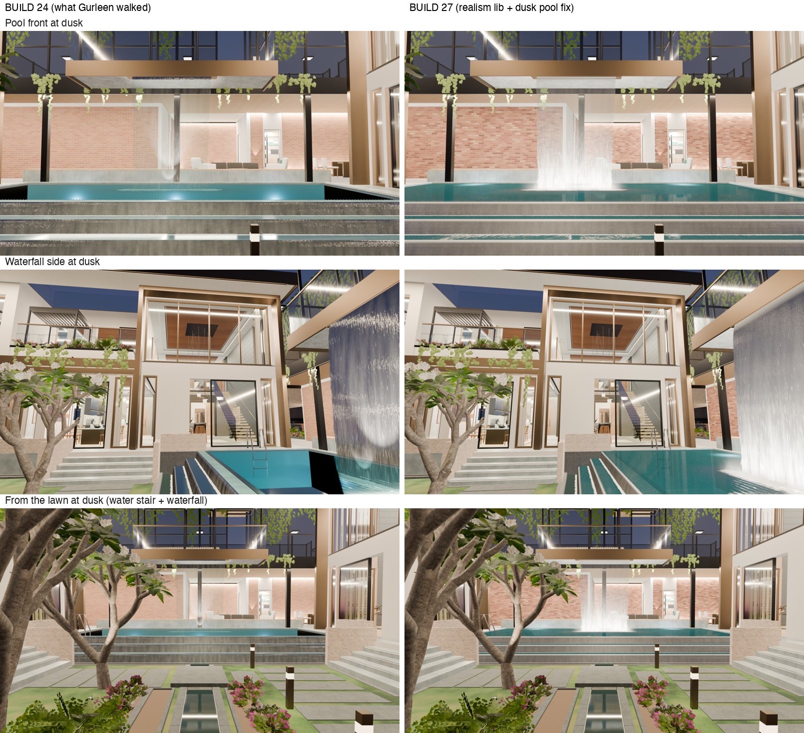 Before and after comparison of the pool, waterfall and water stair