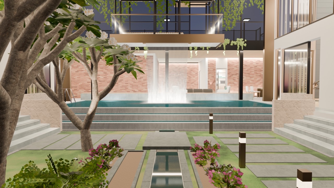 The garden, water stair and waterfall from the lawn at dusk