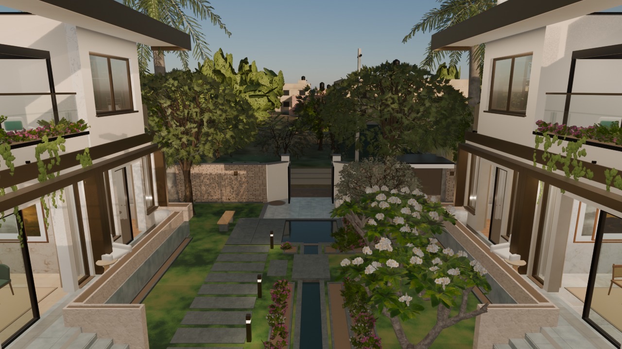 The view from the deck down the garden at golden hour