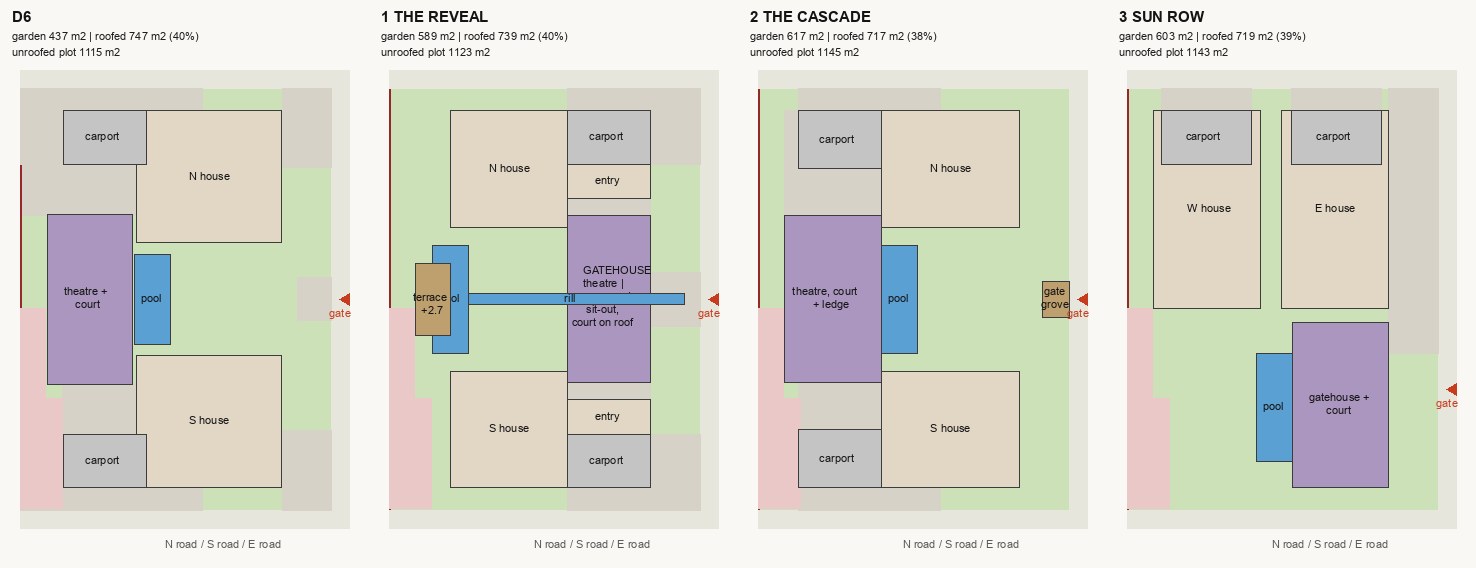 Design 6 and the three Design 7 concepts compared, with garden areas