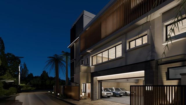 Facade (north house) at night