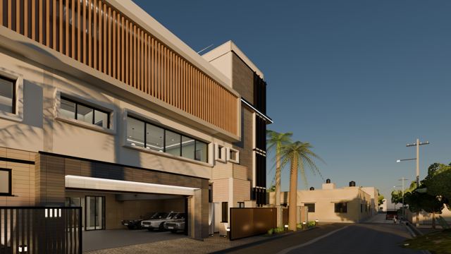 Facade (south house) at sunset