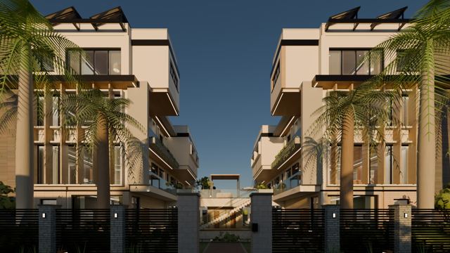 Frontage east at sunset
