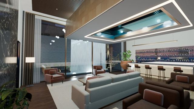 Club lounge with the waterfall