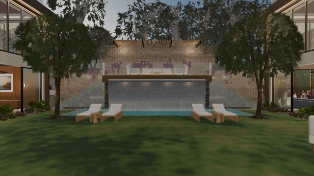 Out of the gatehouse: the lawn, the pool and the waterfall