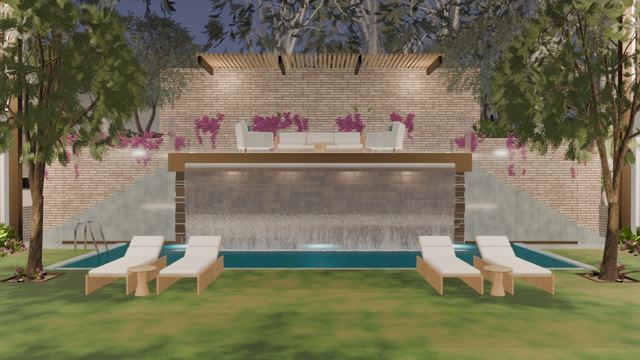 The waterfall and pool at dusk