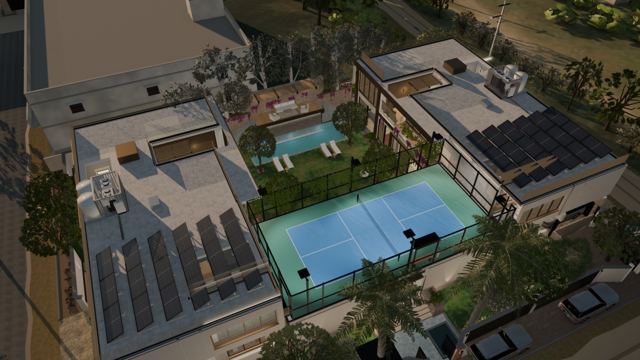 From above, with the pickleball court on the gatehouse