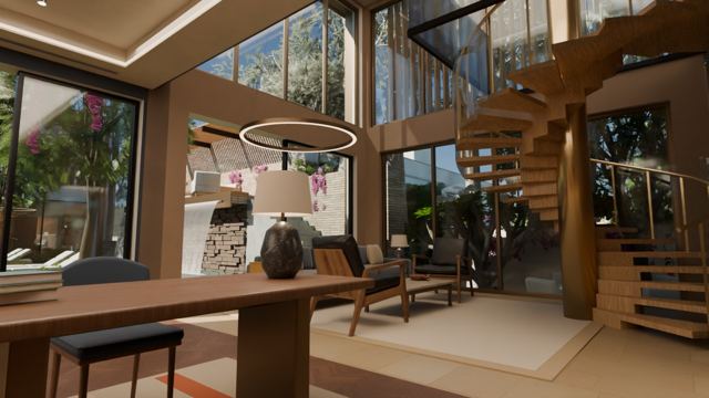 Living room with the spiral stair