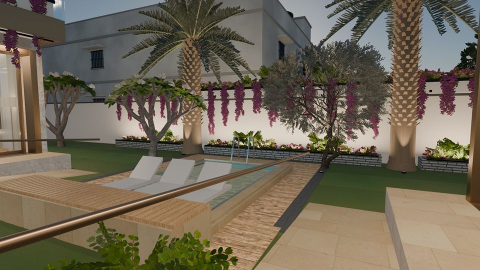 Design 5: the garden with palms, pool and bougainvillea