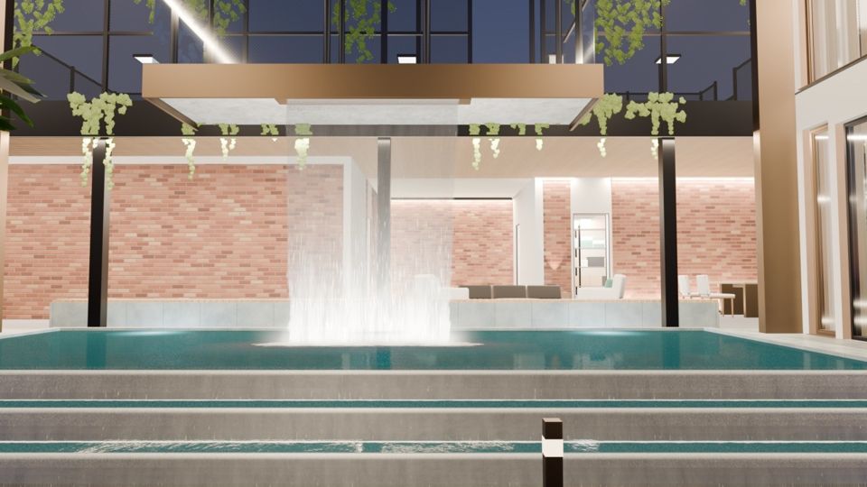 Design 6: the pool and the waterfall from the deck at dusk